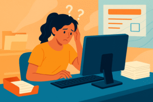 A frustrated data entry worker, performing a non-value-added task.