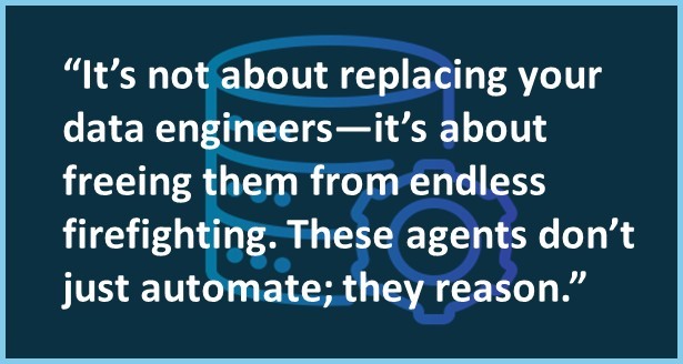 A clean vector illustration shows AI agents assisting human engineers at control panels, glowing data streams symbolizing collaboration and reasoning. The quote text overlays the scene, emphasizing partnership between human intelligence and automation.