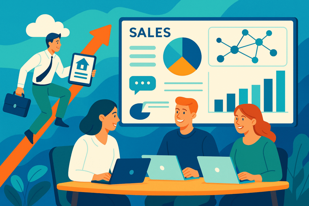 Bright, collaborative, modern, and abstract image showing a unified RevOps team supporting sales success.