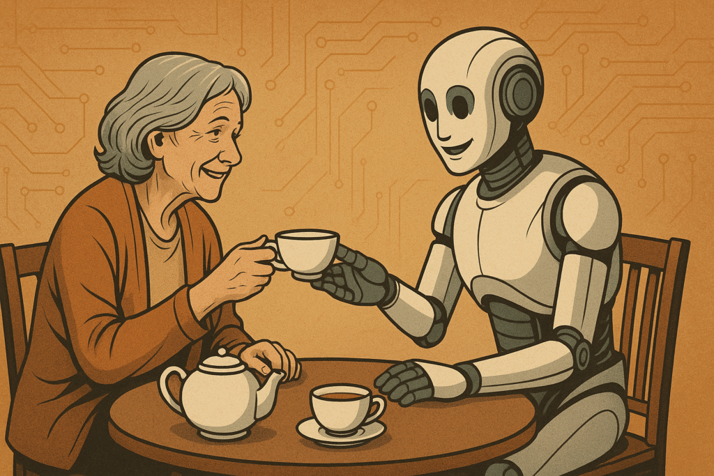 Illustration of a human and humanoid robot sharing tea across a small table, both smiling — symbolizing connection between technology and compassion.