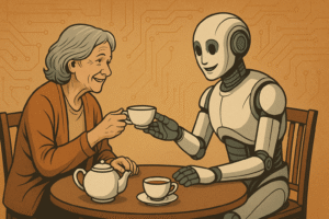 Illustration of a human and humanoid robot sharing tea across a small table, both smiling — symbolizing connection between technology and compassion.