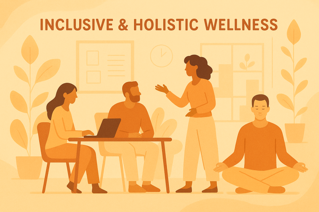 S small business team gathered around a table while one member sits, close by, in Lotus positions.