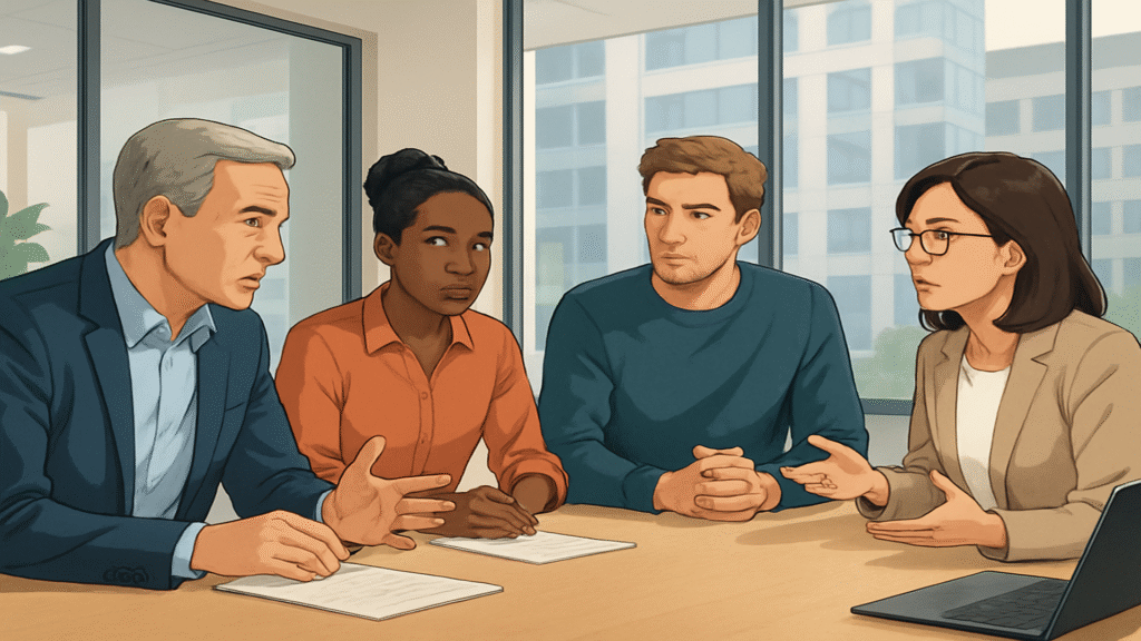 A diverse group of professionals in a modern office conference room, seated around a table, engaged in a discussion.